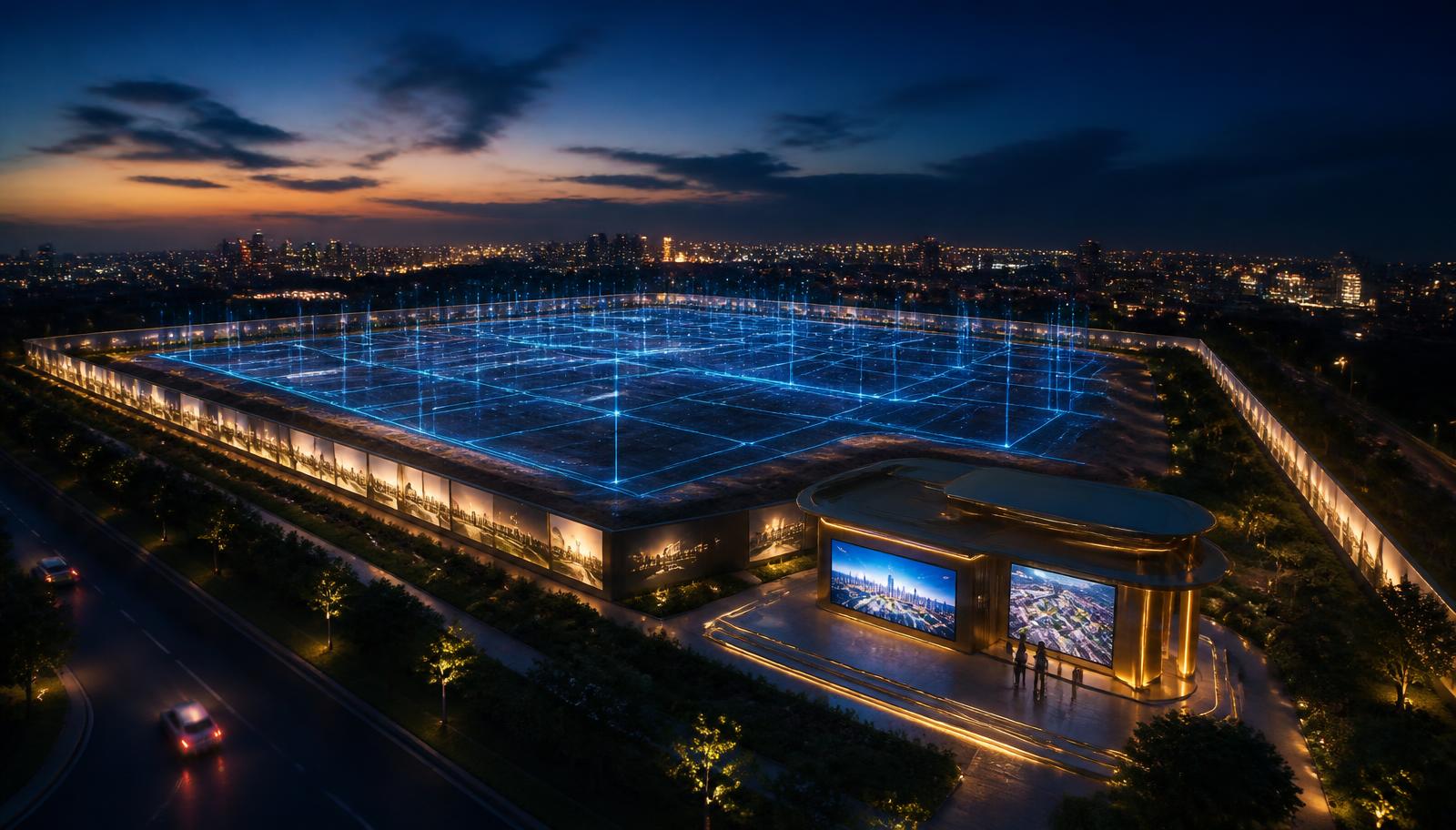 جناح صندقة الذكي وسياج مضاء يحيط بأرض مشروع تطوير عقاري مع شبكة قطع رقمية